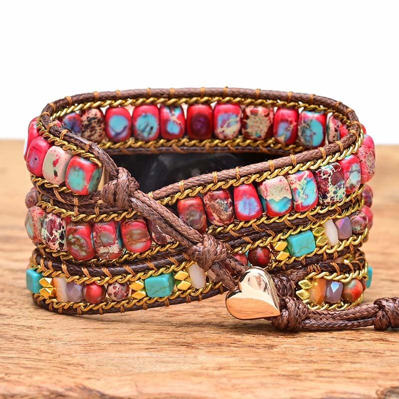 Red and Blue Imperial Stone Bead woven Apple Apple Watch with Bohemian style strap