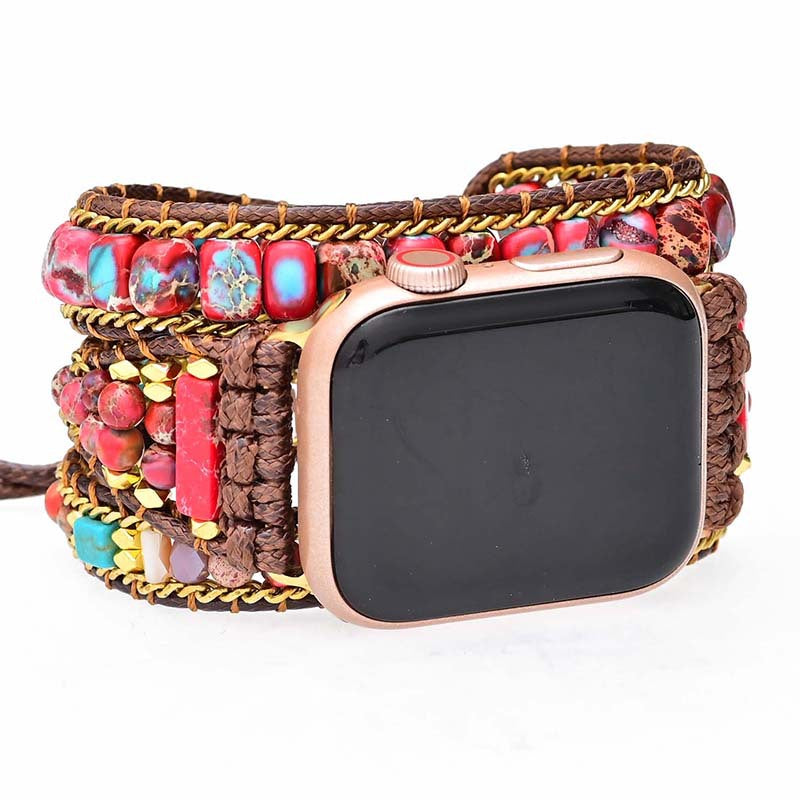 Red and Blue Imperial Stone Bead woven Apple Apple Watch with Bohemian style strap