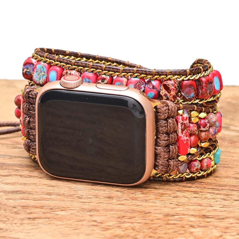 Red and Blue Imperial Stone Bead woven Apple Apple Watch with Bohemian style strap
