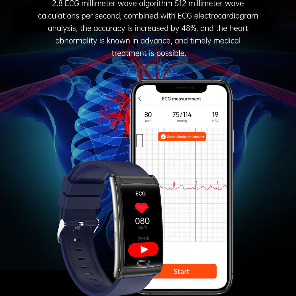 BCBEARSCOME BCE600 3-Lead ECG HRV Blood Glucose Blood Pressure Blood Oxygen  Sleep Detection HD Bluetooth Smart Bracelet